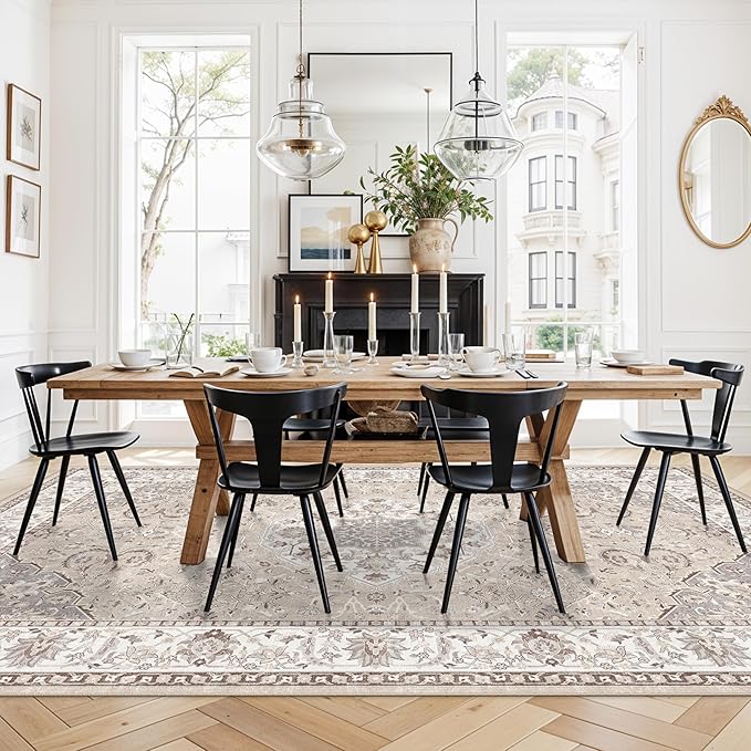 Living Room 8ft Square Area Rug: Machine Washable Large Vintage Soft Rug Stain Resistant Non Slip Floor Carpet for Bedroom Playroom Indoor Farmhouse Home Decor Mat for Office Dining Room(8x8,Beige)