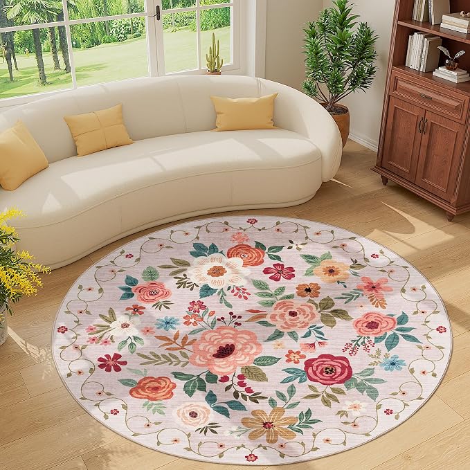 DUKINO Floral Round Rug, 6ft Washable Circle Rug, Non Slip Indoor Low Pile Circle Rug, Soft Small Boho Design Carpet for Bedroom, Entryway, Living Room, Dining Room, Beige