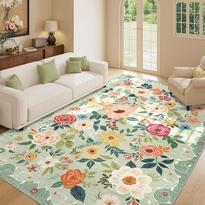 DUKINO Washable 5x8 Area Rug for Living Room, Lightweight Non Slip Floral Bedroom Rug with Non Shedding Design, Soft Low Pile Large Indoor Carpet for Dining Room, Kids Playroom, Nursery, Office, Green
