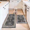 Kitchen Rugs Set of 2 Washable Non Slip – Soft Low Pile Boho Floral Decorative Area Rugs & Runner Mats for Kitchen Floor, Entryway, Hallway, Doorway & Bathroom – Indoor Small Rugs (Black, 2x3+2x4)