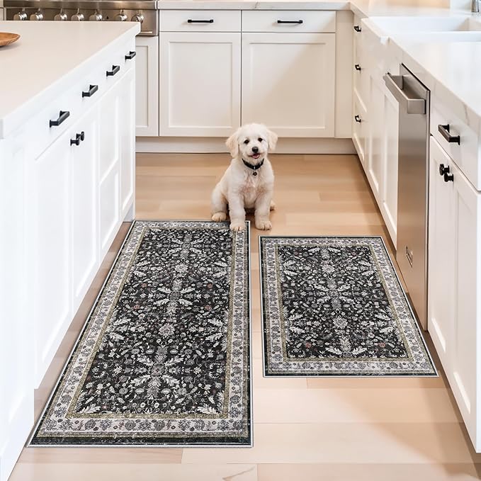 Kitchen Rugs Set of 2 Washable Non Slip – Soft Low Pile Boho Floral Decorative Area Rugs & Runner Mats for Kitchen Floor, Entryway, Hallway, Doorway & Bathroom – Indoor Small Rugs (Black, 2x3+2x4)