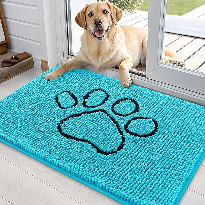 OLANLY Dog Door Mat for Muddy Paws 36x24, Paw Print Design, Absorbs Moisture and Dirt, Absorbent Non-Slip Washable Doormat, Quick Dry Chenille Mud Mat for Dogs, Entry Indoor Entryway Carpet, Aqua Blue