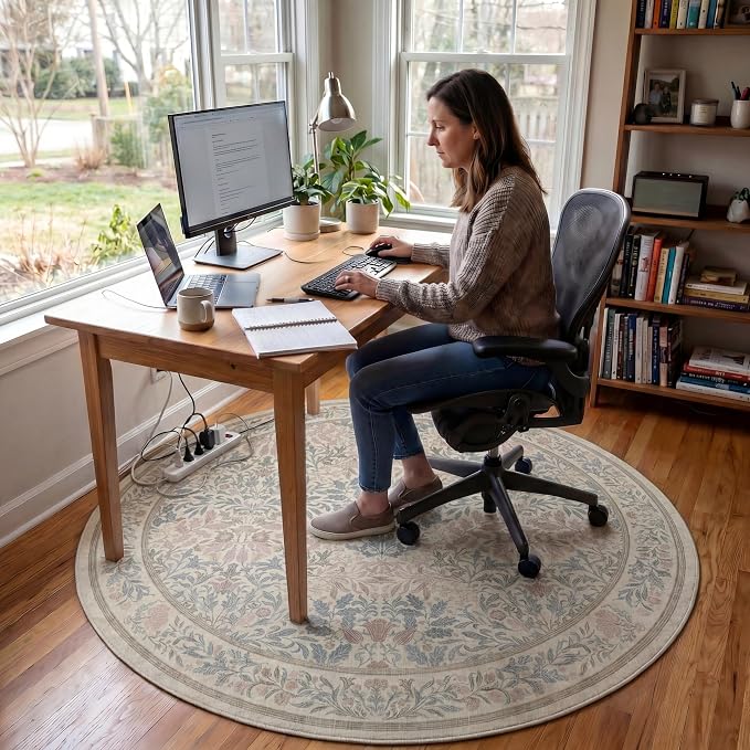 60"x60" Office Chair Mat for Hardwood Tile Floor, Under Desk Carpet Protector for Rolling Computer Chair Mat, Machine Washable Round Area Rug, Anti-Slip 1/5" Thick Low Pile Thin Floor Mat, Beige Pink