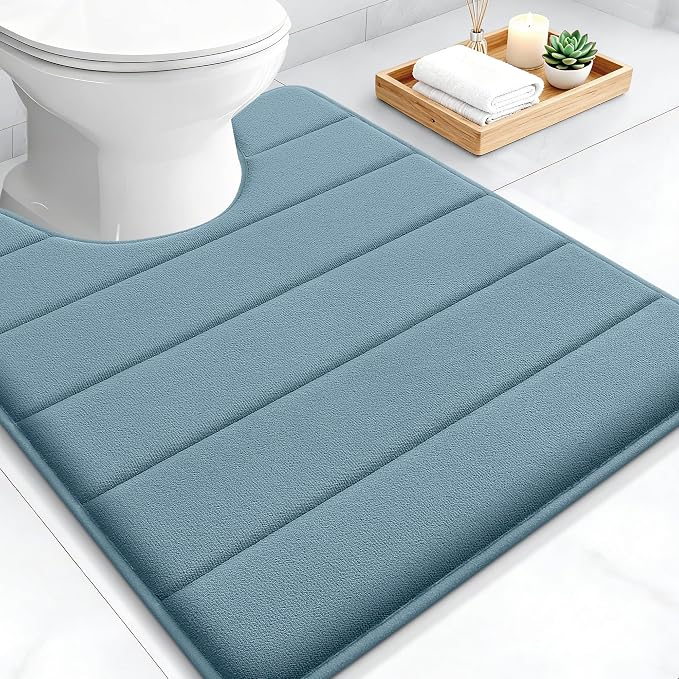 OLANLY Memory Foam Toilet Rugs U Shaped 24x20, Super Soft Absorbent Contour Bath Rugs, Quick Dry, Machine Washable Toilet Mat, Bathmat Floor Carpet, Bathroom Home Decor Accessories, Airy Blue