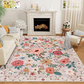 DUKINO 9x12 Area Rug, Floral Rugs for Living Room, Lightweight Non Slip Washable Rug, Indoor Low Pile & Non-Shedding Boho Design Rugs for Bedroom, Living Room, Dining Room, Beige