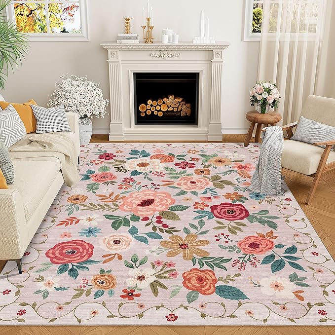 DUKINO 9x12 Area Rug, Floral Rugs for Living Room, Lightweight Non Slip Washable Rug, Indoor Low Pile & Non-Shedding Boho Design Rugs for Bedroom, Living Room, Dining Room, Beige