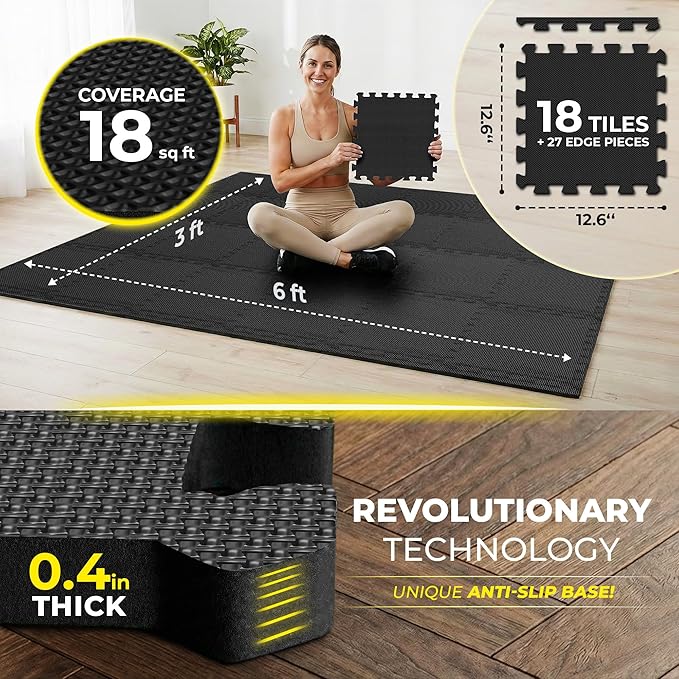 bemaxx Gym Mats Set - 18 pcs EVA Interlocking Foam Floor Tiles (12.6"x12.6"x0.4") 18sqft Protective Gym Flooring Sports Home Workout Exercise Mats Puzzle Garage Fitness Play-Room Pool Treadmill Bike