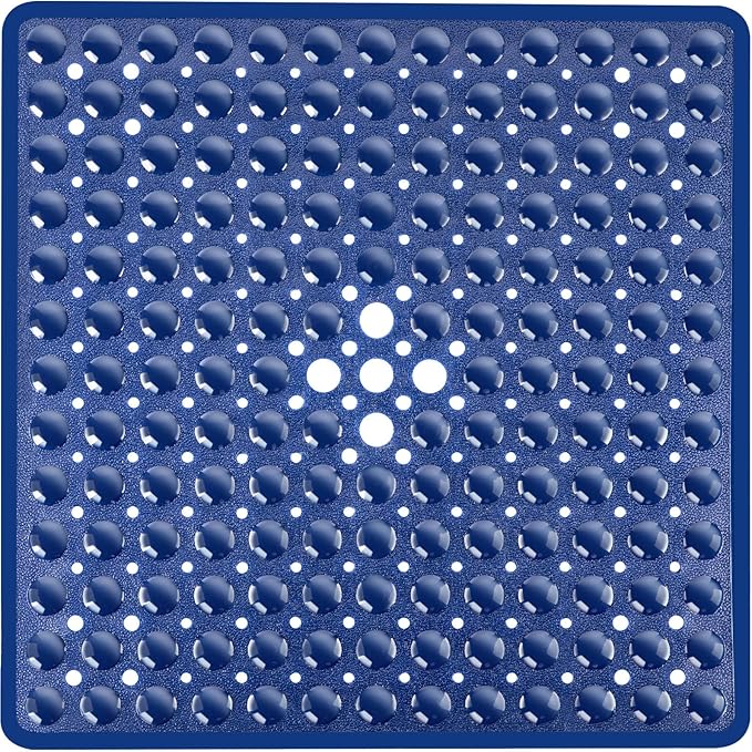 Square Shower Bathtub Mat Non Slip for Inside Shower Navy Blue 21x21 Inch, Shower Stall Mats for Bathroom Floor, Soft Bath Mat for Tub with Big Suction Cups Drain Holes, Easy Washable Dry