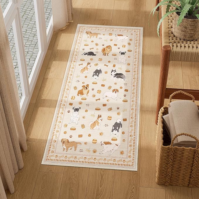 DUKINO 2x4 Runner Rug for Entryway, Animal Dog Print Washable Kitchen Rug with Non Slip, Low Pile Indoor Door Mat Non Shedding Small Carpet Runner for Hallway, Bathroom, Laundry, Bedroom, Beige Yellow