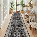 3x10 ft Long Kitchen Runner Rug – Non-Slip Washable Hallway Carpet Runner with Rubber Backing, Boho Floral Low Pile Thin Wide Runners for Entryway Indoor（Black,3x10）