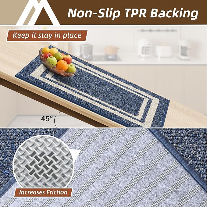 COSY HOMEER Kitchen Rugs Non-Slip 20x30/20x48 Inch Thick Polypropylene Standing Mat for Home Machine Washable, Bule Frame
