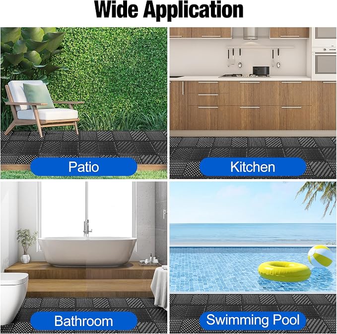 ToLanbbt Modular Interlocking Cushion 12P 11.8" x 11.8" Interlocking Rubber Floor Drain Holes Non-Slip Splicing Drainage Mats for Deck, Shower, Kitchen, Drain Pool, Sauna Bath (Black, Diagonal)