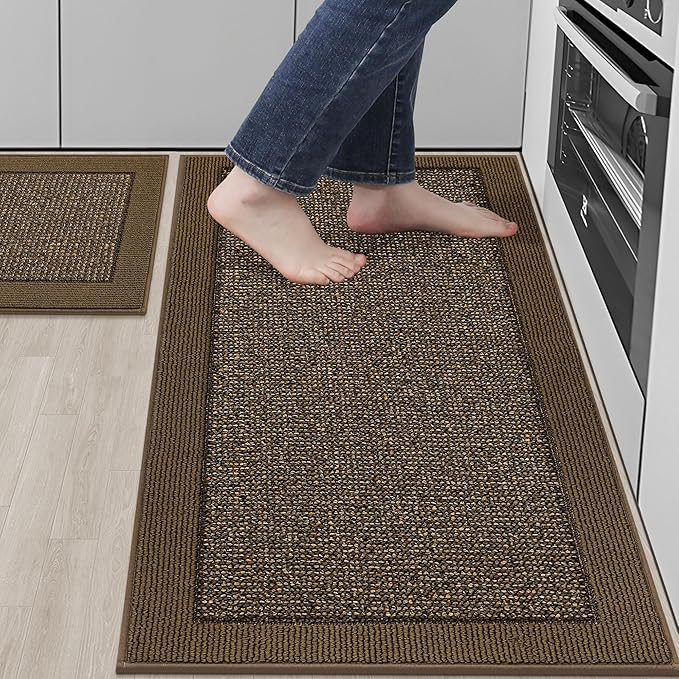 BEQHAUSE Kitchen Rugs and Mats Set of 2 Non-Slip Kitchen Mats for Floor, Absorbent and Stain Resistant Kitchen Runner, Machine Washable Rugs for Kitchen, Laundry & Sink, 20"x32"+20"x48", Brown