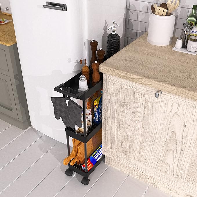 Simple Houseware 3-Tier Slim/Narrow Storage Cart with Handle, 5.5'' Wide x 27.5'' Height Rolling Organizer for Kitchen, Bathroom, Laundry Room - Black