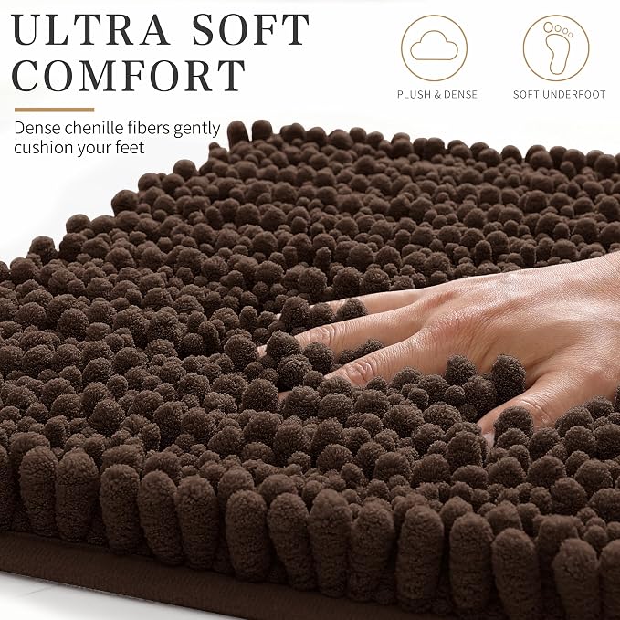 Yimobra Bathroom Rugs Non Slip Washable - Ultra Soft Absorbent Chenille Bath Mat, Quick Dry Shaggy Floor Carpet for Tub Shower, Brown Home Decor Accessories, 24x17 Inch