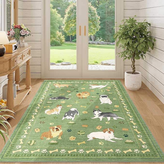 DUKINO 4x6 Area Rug, Non Slip Washable Rug for Living Room with Low Pile Design, Lightweight & Non Shedding Animal Dog Print Indoor Soft Carpet for Bedroom, Dining Room, Kids Room, Office, Green