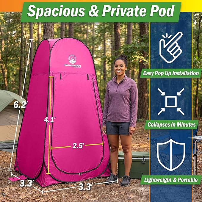 Wakeman Pop Up Changing Tent, 3.3 x 3.3 x 6.2ft, Camping Shower Tent for Portable Toilet Stall or Dressing Room with Carry Bag for Camping, Beach, or Tailgate, Polyester