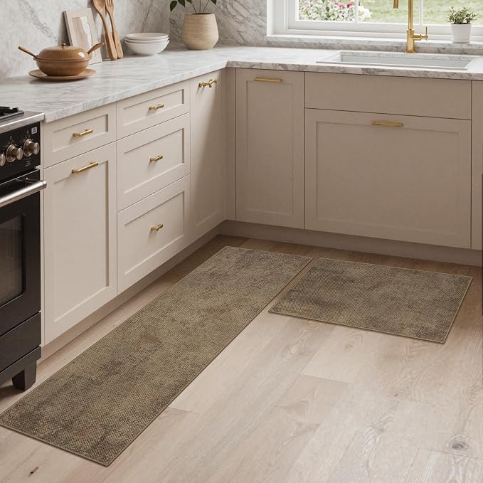 GENIMO Kitchen Mats for Floor 2PCS, Washable Absorbent Runner Rugs for Kitchen, 17.3"x59"+17.3"x30", Cushioned Non Slip Kitchen Rugs for Kitchen Floor,Standing Mat Rug for Home, Sink, Laundry, Jute