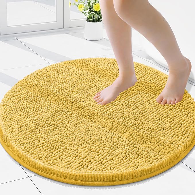 Smiry Luxury Chenille Round 24x24, Extra Soft and Absorbent Shaggy Bathroom Mat Rugs, Machine Washable, Non-Slip Plush Carpet for Tub, Shower, and Bath Room, Yellow