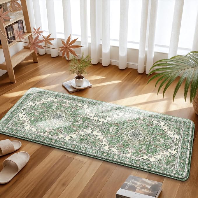 Boho Kitchen Mats for Floor 2 Piece Set Anti Fatigue Cushioned PVC Kitchen Rugs Non Slip Waterproof Farmhouse Mats 2/5 Inch Comfort Standing Mat for Sink, Laundry, 17.3"x59"+17.3"x28", Spring Green