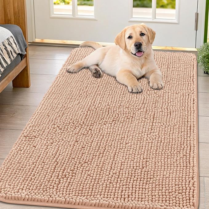 Smiry Dog Door Mat for Muddy Paws 47x32, Absorbent Dirt Trapper, Non-Slip Washable Chenille Entryway Rug for Inside Floor, Peach, Classic Solid