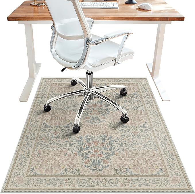 48"x72" Office Chair Mat for Hardwood Tile Floor, Under Desk Carpet Protector for Rolling Computer Chair Mat, Machine Washable Area Rug, Anti-Slip 1/5" Thick Low Pile Thin Vinyl Floor Mat, Beige Pink