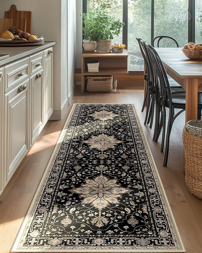 RELEANY Area Rugs Runner 2'x8' Washable Non-Slip, Floral Vintage Distress Medallion Carpet for Kitchen Hallway Bedroom Beside Laundry Room Bathroom, Black Brown Neutral Dark Tan