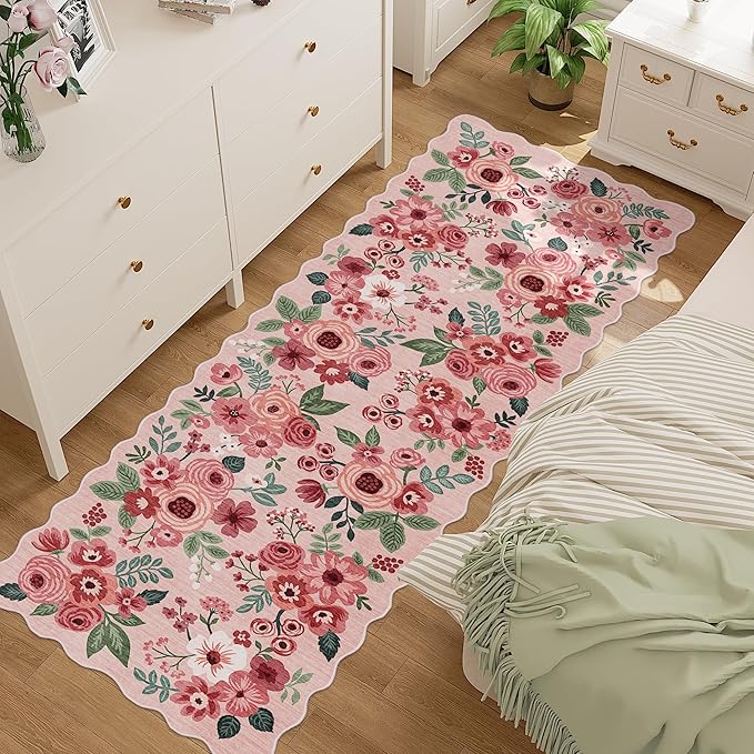 DUKINO 2x10 Runner Rug for Hallway, Washable Kitchen Rug with Non Slip Backing & Non-Shediing, Soft Low Pile Floral Design Runner for Bedroom, Kithchen, Living Room, Laundry, Bathroom, Pink