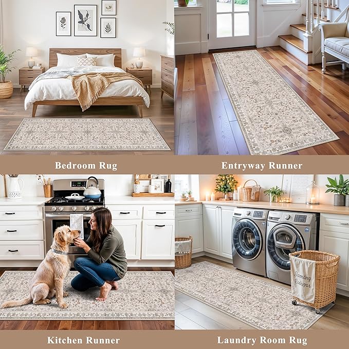 2x8ft Kitchen Runners Rugs Non Skid Washable – Boho Floral Stain-Resistant Low-Pile Carpet Runner for Hallway, Bathroom, Bedroom, Entryway (Beige, 2x8)