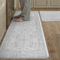PureCozy Kitchen Mats 2PCS Anti Fatigue Cushioned Mat Gray Vintage Kitchen Mats for Floor Waterproof Non Slip Comfort Standing Grey Retro Floral Rug for Sink Laundry Office 17.3"x47"+17.3"x30"