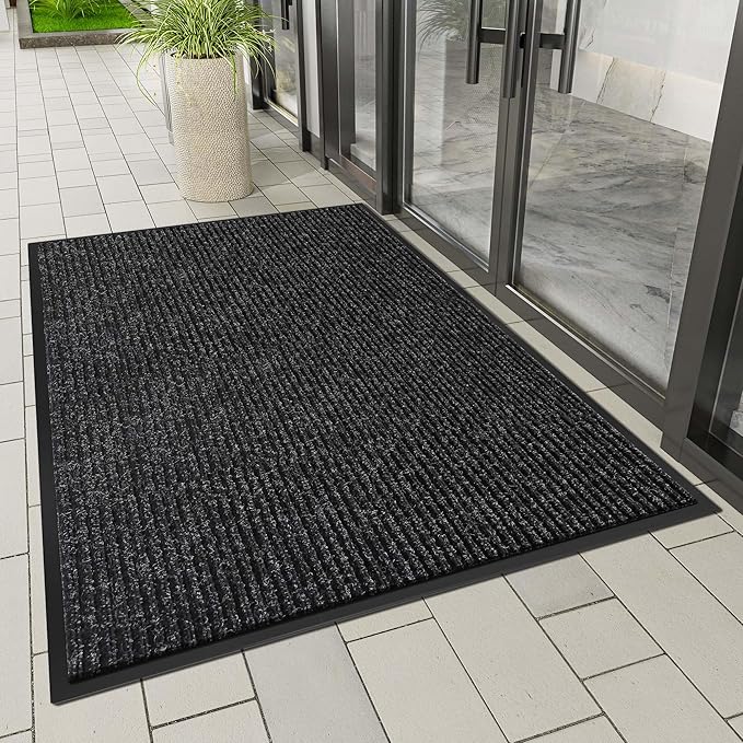 Indoor Outdoor Door Mat, 5’ x 4' Doormat for Entryway, Rubber Backing Non Slip Front Door Mat Outside Entrance, Super Absorbent Commercial Floor Mat for Home Office Black