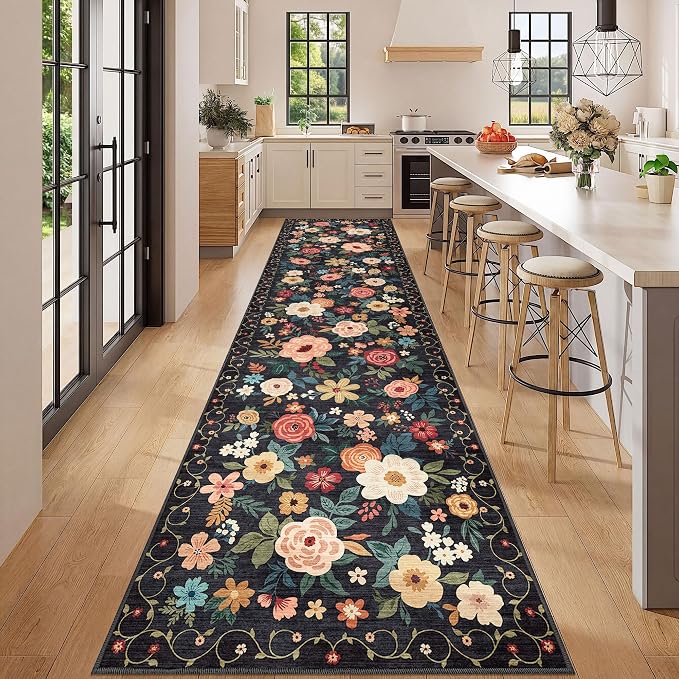 DUKINO 3x12 Washable Runner Rug, Non Slip Soft Floral Hallway Runner Rug with Non Shedding Design, Low Pile Long Floor Carpet for Kitchen, Hallway, Bathroom, Entryway, Laundry, Black