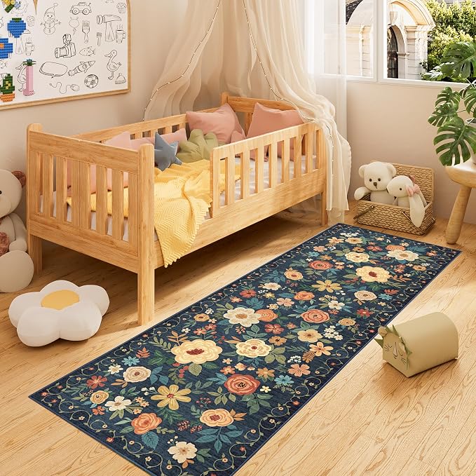 DUKINO 2x6 Runner Rug for Hallway, Washable Kitchen Runner Rug with Non Slip Backing, Low Pile Soft Boho Floral Runner for Kitchen, Hallway, Entryway, Laundry, Bedroom, Dark Blue