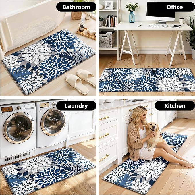 Arenarug Kitchen Mats for Floor 2PCS Cushioned Anti Fatigue Kitchen Mats Waterproof Non Slip Kitchen Mat Rug Set Comfort Foam Standing Mat for Sink, Laundry, Office, 24"x39"+24"x59", Blue Gray