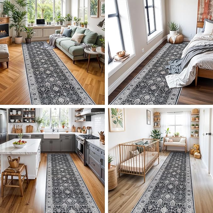 Hallway Washable Runner Rug - 3x10 Kitchen Rugs Entryway Rug Runner Vintage Soft Floor Mat Non Slip Indoor Farmhouse Carpet for Bathroom Living Room Bedroom (3 X 10, Black)
