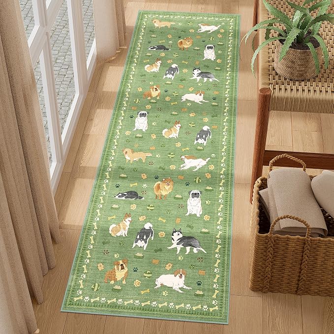 DUKINO 2.6x8 Washable Runner Rug for Hallway, Non Slip Animal Dog Kitchen Rug with Low Pile Design, Ultra Soft & Stain Resistant Indoor Carpert Runner for Entryway, Bedroom, Laundry, Bathroom, Green
