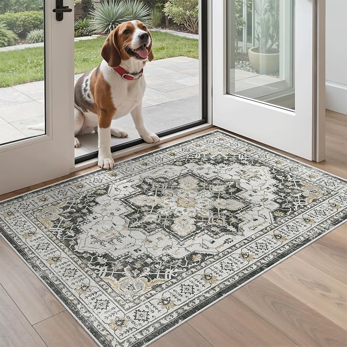 Madane Washable Entry Rug 3x4, Area Rugs for Entryway Kitchen Bathroom Door Mat Indoor Entrance, Vintage Floral Print Office Runner with Non Slip Rubber Backing, Black
