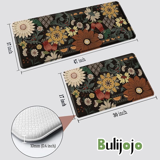 Bulijojo Bohemian Floral Anti Fatigue Kitchen Floor Mats Set of 2 Waterproof Kitchen Sink Runner Rug Standing Mat Cushioned Kitchen Rugs Comfort Doormat 17"x47"+17" x30“
