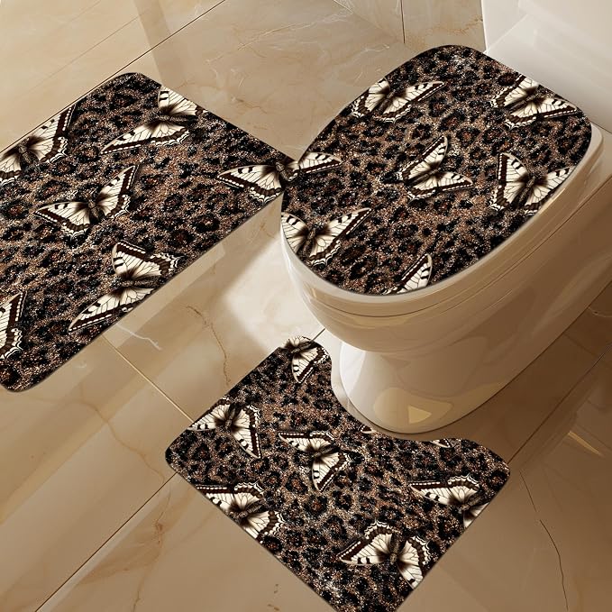 4 PCS Vintage Leopard Print Shower Curtain Set 72Wx72H,Toilet Lid Cover,Non-Slip Rugs and U-Shaped Mat,Butterfly Bathroom Sets with Rugs Shower Accessories 12 Hooks for Bathroom Decor