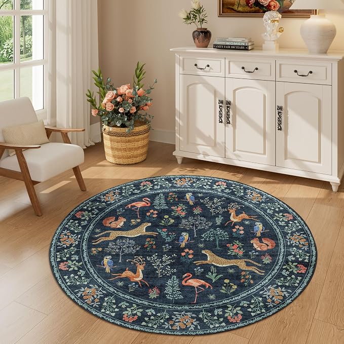 DUKINO 4ft Round Rug, Washable Round Area Rug, Non Slip Indoor Low Pile Animal Design, Soft Small Vintage Circle Carpet for Bedroom, Entryway, Living Room, Dining Room, Navy Blue