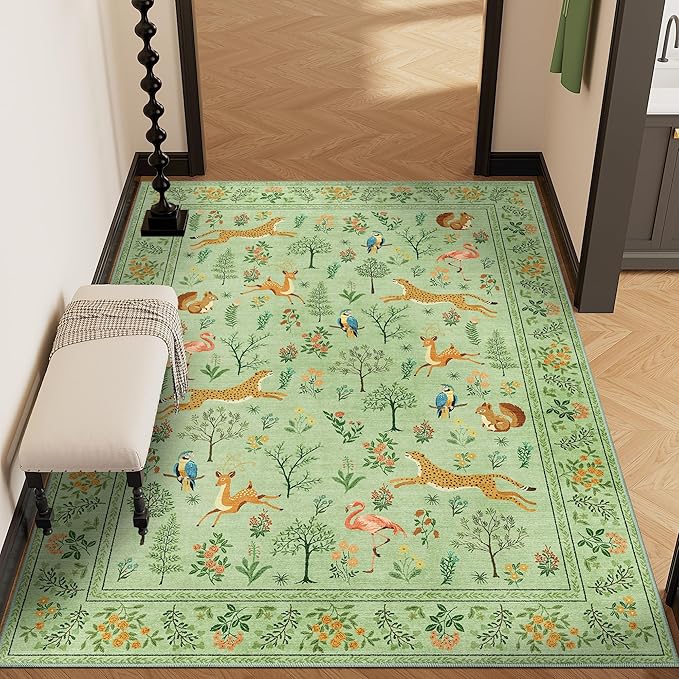 DUKINO 3x5 Rug, Washable Animal Area Rug with Non Slip Vintage Design, Indoor Soft Low Pile Carpet for Bedroom, Nursery, Dining Room, Farmhouse, Playroom, Light Green