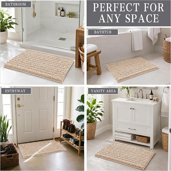Yimobra Bathroom Rugs Non Slip Washable - Ultra Soft Absorbent Chenille Bath Mat, Quick Dry Shaggy Floor Carpet for Tub Shower, Light Brown Home Decor Accessories, 24x17 Inch