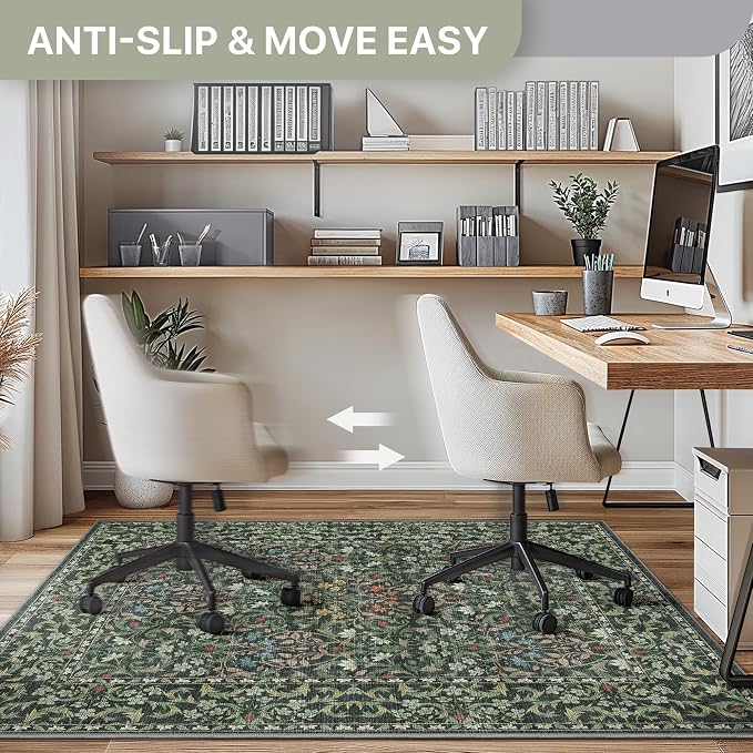 48"x60" Office Chair Mat for Hardwood Tile Floor, Under Desk Carpet Protector for Rolling Computer Chair Mat, Machine Washable Area Rug, Anti-Slip 1/5" Thick Low Pile Thin Vinyl Floor Mat, Moss Green