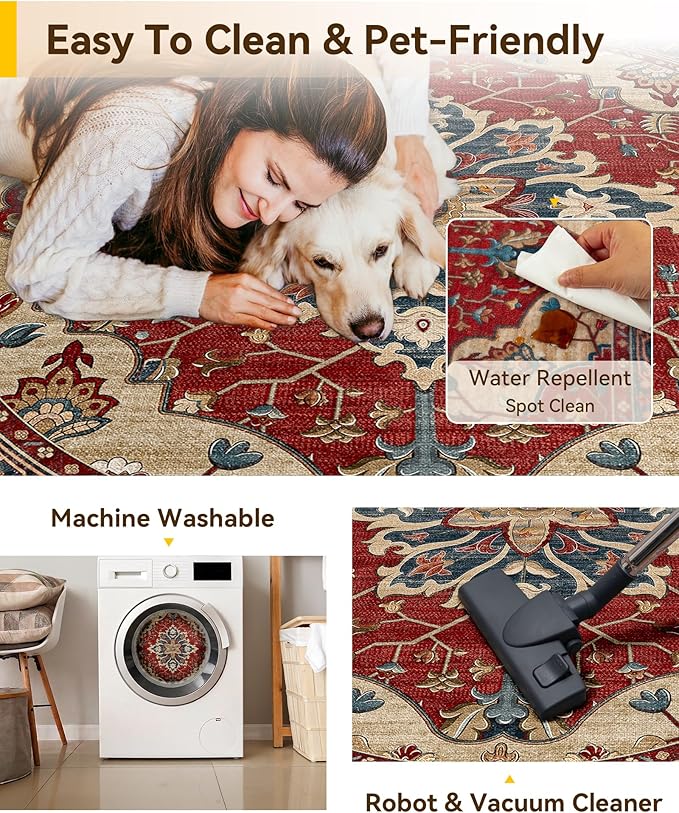RELEANY Area Rugs Round 7ft Washable Non-Slip, Floral Vintage Distress Medallion Carpet for Living Room Bedroom Dining Room, Red Blue