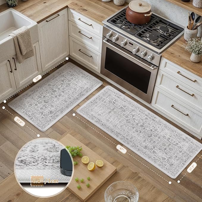 PureCozy Kitchen Mats 2PCS Anti Fatigue Cushioned Mat Black Vintage Kitchen Mats for Floor Waterproof Non Slip Comfort Standing Retro Floral Rug for Sink Laundry Office 17.3"x47"+17.3"x30"