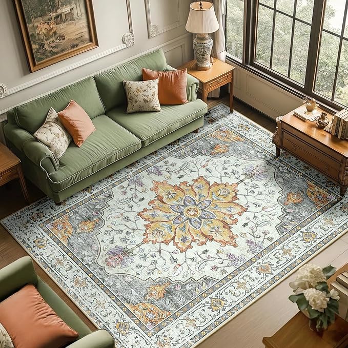 RELEANY Area Rugs 6'x9' Washable Non-Slip, Floral Vintage Distress Medallion Carpet for Living Room Bedroom Dining Room, Beige Carbon Grey Orange