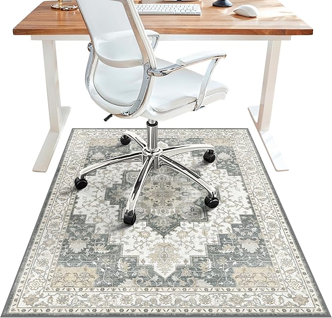 48"x60" Office Chair Mat for Hardwood Tile Floor, Under Desk Carpet Protector for Rolling Computer Chair Mat, Machine Washable Area Rug, Anti-Slip 1/5" Thick Low Pile Thin Vinyl Floor Mat, Grey