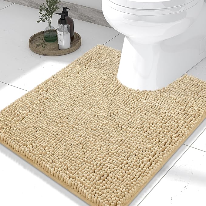 Smiry Luxury Chenille Toilet Rugs U-Shaped 24x20, Soft Absorbent Non-Slip Contour Bathroom Rugs for Toilet, Machine Washable Contoured Bath Mats, Beige