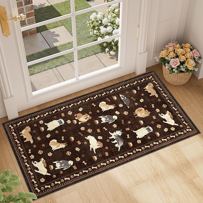 DUKINO 2x4 Runner Rug for Entryway, Animal Dog Print Washable Kitchen Rug with Non Slip, Low Pile Indoor Door Mat Non Shedding Small Throw Carpet Runner for Hallway, Bathroom, Laundry, Bedroom, Brown