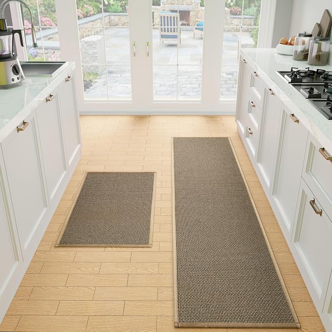 SUMLANS Kitchen Mat Set of 2 PCS, Cushioned Non Slip Rugs for Kitchen Floor, Absorbent Runner Comfort Standing Mats Washable for Kitchen, Office, Home (Brown, 17.3"x30"+17.3"x71")